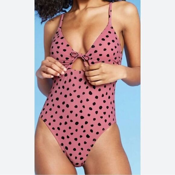 NWT Shade & Shore Dusty Mauve Black Polka Dot One Piece Swimsuit Size Large - Picture 1 of 14